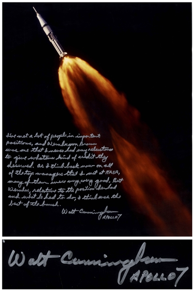 Walt Cunningham Signed 16 x 20 Photo With Personal Message Honoring Wernher von Braun -- ...Wernher, relative to the position he had and what he had to do, I think was the best of the bunch...